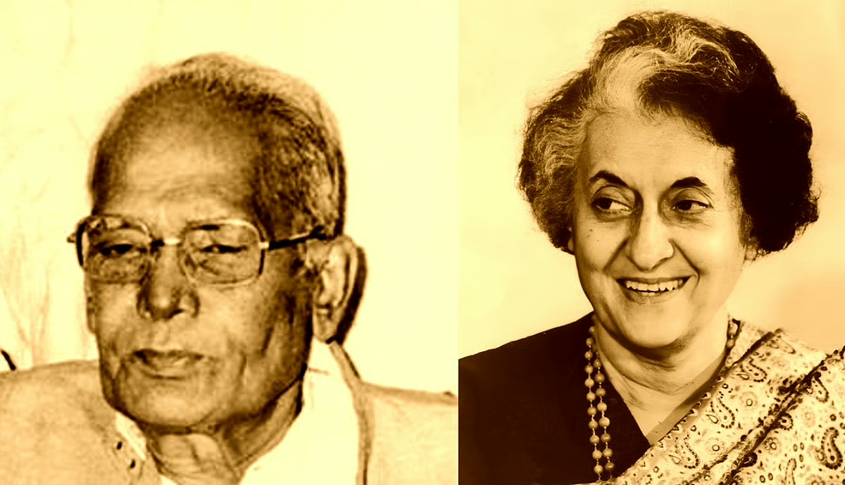 Sepia-toned composite image placing a portrait of Jaya Prakash Narayan beside a portrait of Indira Gandhi
