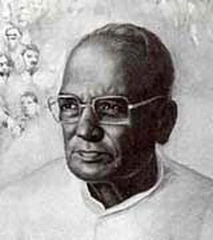 Painted portrait of Jaya Prakash Narayan in spectacles, with sketched crowd faces behind him